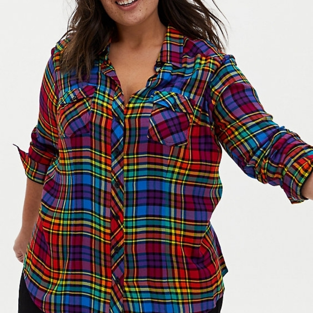 Torrid rainbow plaid twill button down shirt 3x